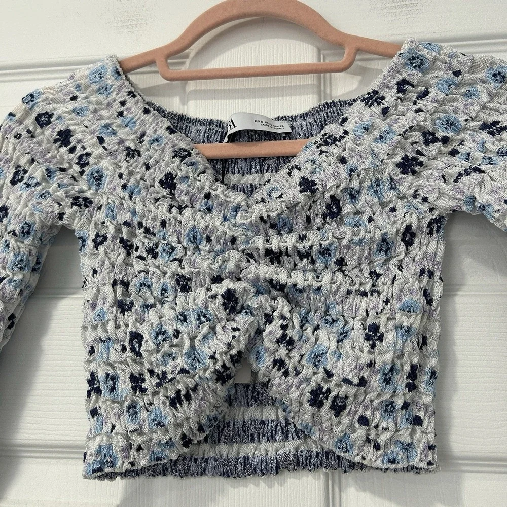 ZARA Smocked Cutout Crop Top Floral Long‎ Sleeve Cottagecore Y2K Coquette Small